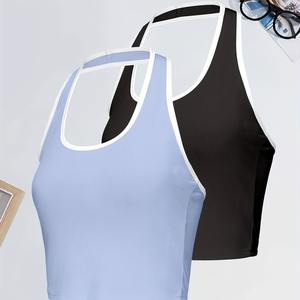 Paquete de 2 camisetas sin mangas con ribete en contraste, camiseta informal sin mangas con cuello Halter para verano y primavera, ropa de mujer - Product Image 6