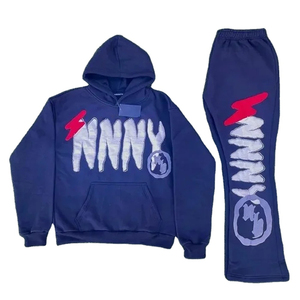Venta al por mayor de ropa de invierno personalizable sólido ácido lavado pulóver con capucha acampanados pantalones de chándal Puff estampado algodón polar chándales - Product Image 3