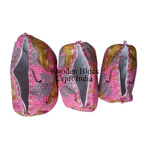 Quilted Hand Block Printed Indian Bohemian Eco-Friendly Zipper Small Makeup <b>Bag</b> <b>for</b> <b>Wash</b> Pouch 3 Pieces Cosmetic Organizer - Product Image 4