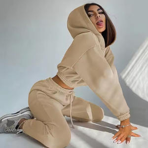 Femmes Automne Hiver Sports Fitness 2 Pièces Jogger Survêtement Ensemble Cropped Hoodie Sweatpants avec Sexy Design Solid Pattern - Product Image 2