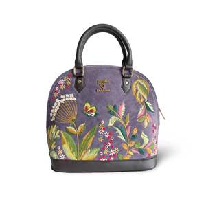 Sac de soirée demi-lune en cuir vegan avec broderie florale, fermeture éclair, doublure en coton faite main, 650g pour femme - Violet - Product Image 1