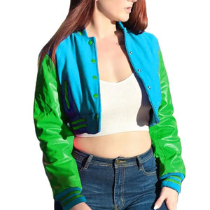 Chaqueta Universitaria Personalizada de Alta Calidad, Chaqueta de Béisbol Vintage con Mangas de Cuero para Mujer, Chaqueta Corta - Product Image 5