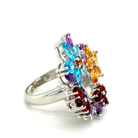 Bague de promesse en argent sterling personnalisée pour femmes Beau design floral avec pierres précieuses multicolores plaquées rhodium pour les mariages