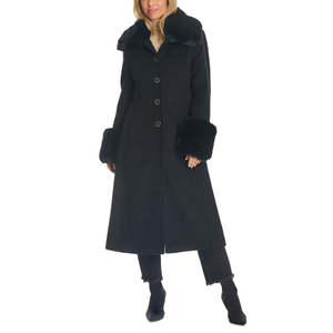 Cappotto Slim Nero da Donna Vince Camuto con Bordo in Pelliccia Sintetica, Taglia M, Trench in Lana, Bottoni Stampati, Piume, Imbottitura in Cammello - Product Image 1