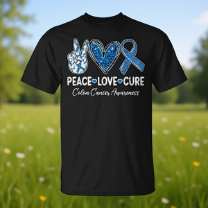 เสื้อยืดส่งเสริมการรับรู้เกี่ยวกับโรคมะเร็งลำไส้ใหญ่และลำไส้ส่วนท้าย พร้อมข้อความ "สันติภาพ ความรัก การรักษา" - Product Image 3