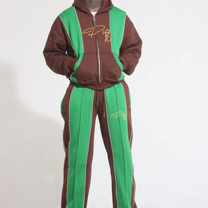 Ensemble de survêtement de jogging pour homme de haute qualité, personnalisé, avec sweat à capuche zippé et pantalon de survêtement évasé à effet superposé, avec logo brodé et col à capuche - Product Image 1