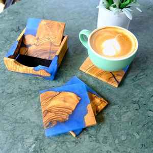 Handmade Ocean <b>Blue</b> Epoxy Resin Solid Wood <b>Coaster</b> Set Holder Bar Table Decor Durable Heat Resistant Waterproof Square Drink Mat - Product Image 4