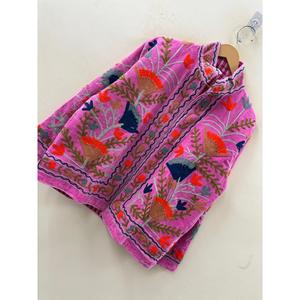 Orchid Pink Anaar Bloom Varsity Style Suzani Hand-Embroidered Velvet <b>Jacket</b> for Spring for Rust Sage & Indigo Florals Outerwear - Product Image 4
