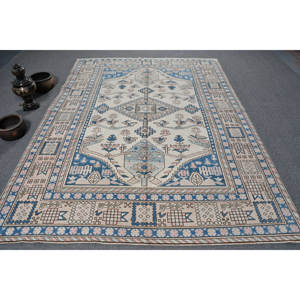 Alfombra turca Vintage azul Beige tradicional 6,5X8,9 pies Patrón de retazos de lana Alfombra de sala de estar Respaldo de látex Nuevo producto - Product Image 1