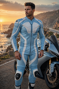 Combinaison de moto en cuir véritable de haute qualité pour homme, bleu clair, manches longues, respirante, équipement de course, utilisable toute l'année - Product Image 3