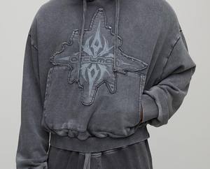 Lavage à l'acide avec patch broderie Double capuche haute qualité 100% coton hommes sweats à capuche pull lourd survêtement - Product Image 2