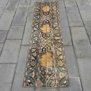 Alfombra Vintage, Alfombra Turca de 1.9x7 pies, Alfombra de Lana con Rayas Azules - Product Image 1