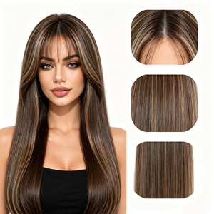 Perruque longue brune 100% cheveux humains avec frange, perruque complète droite pour femmes - Product Image 3