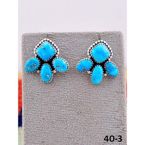Boucles d'oreilles clous artisanales en argent sterling et turquoise, motif fleur, serties clos, pour cadeau, style Southwest - Product Image 2