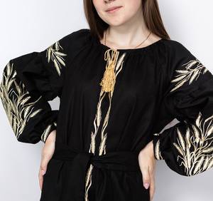 Custom Black Boho A-Line <b>Midi</b> <b>Dress</b> <b>with</b> Wheat Embroidery Ukrainian Folk Summer <b>Dress</b> Ethnic Heritage Wear Natural Waistline - Product Image 2