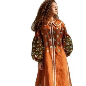 Orange Beautiful Designer Embroidered Ukrainian Dress Long Balloon Sleeve Calf Length Dress