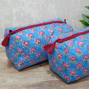 Acolchado 100% algodón Real mano bloque impreso azul Clavel bolsa de cosméticos Conjunto 2 uds cierre de cremallera bolsillos interiores de forro de plástico - Product Image 1