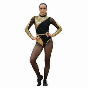 Combinaison de danse scintillante dorée de luxe pour femme, tenue de gymnastique élégante à manches en maille - Product Image 1