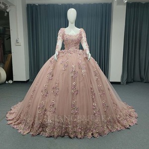 Vestido de Fiesta de Noche ANY189 Exclusivo, Color Rosa, Cuello Cuadrado, con Cuentas, Apliques de Cristal, Largo hasta el Suelo, con Flores 3D - Product Image 1