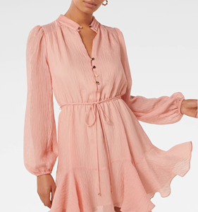 Vestido Mini Rosa de Moda para Mujer, Plisado, Manga Larga, Cuello en V, Cintura con Cordón, Dobladillo con Volantes, Casual, para Fiesta de Verano - Product Image 2