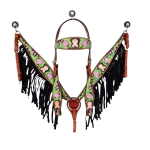 COLLAR DE Pecho DE CUERO OCCIDENTAL DISEÑO DE FLECOS NEGROS CON DISEÑO DE CINTA EN COLORES ROSA, VERDE, TURQUESA Y NEGRO - Product Image 1