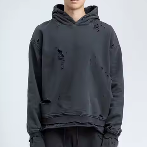 Sweats à capuche surdimensionnés en coton biologique 100% personnalisés pour hommes, vêtements de rue déchirés en détresse, tenue décontracté pour l'hiver - Product Image 6
