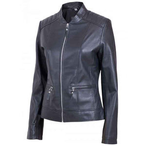 Veste de motard en cuir véritable pour femmes Automne Hiver Manches longues Casual Slim Solid Color Zipper Satin Woven Reversible Coat - Product Image 3
