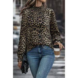 Blusa de Punto Suprem con Cuello Alto y Manga Larga con Estampado de Leopardo para Mujer de Jane's, Corte Regular, Estilo Casual para Uso Diario - Product Image 1