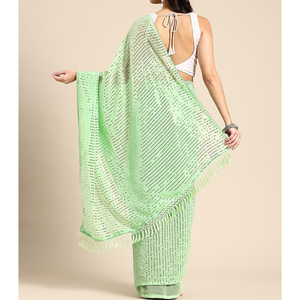 Sari ligero con blusa de contraste de cuerpo liso Ropa larga Ropa de boda o fiesta para mujer - Product Image 2