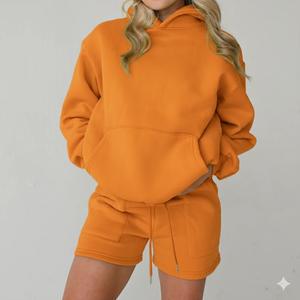 Personnalisé femmes automne/hiver couleur unie à manches longues à capuche deux pièces ensemble Badge avant conception 100% coton à la mode décontracté - Product Image 6