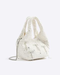 Girls <b>Cream</b> Boucle Diamante Bow Magnetic Vintage Classic Fashion <b>Clutch</b> Bag - Product Image 2