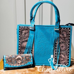 Bolso de mano grande de cuero con estampado de flores turquesa y conjuntos combinados de cartera de pulsera turquesa a mano de moda occidental para mujer - Product Image 1