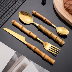 Ensemble de couverts en acier inoxydable avec manche en bois de style bambou pour les repas en famille, les événements, l'accueil des invités et la salle à manger à domicile, en provenance d'Inde - Product Image 3