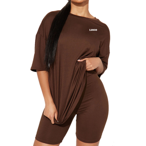 Conjunto de camiseta y pantalones cortos de algodón para mujer, conjunto informal de dos piezas por encima de la rodilla, estilo de lona, conjuntos de verano al por mayor - Product Image 1