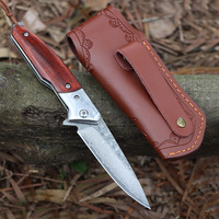 Couteau de survie Hongrui, nouveau design, couteau de chasse pliable en acier Damas, manche en bois de rose de haute qualité pour le camping, avec étui en cuir