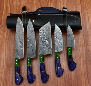 Ensemble de couteaux de chef en acier inoxydable fait main sur mesure, 5 pièces avec étui en cuir - Product Image 6