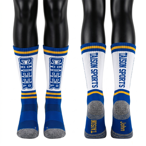 High Quality GSM Breathable Cotton Polyester Women Cheerleading <b>Socks</b> Blue White <b>Yellow</b> Panels Reinforced Heel Toe Knitted Logo - Product Image 1