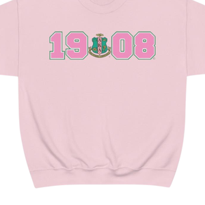 Sudadera con cuello redondo AKA 1908 Year Crest, blanca con letras griegas en rosa y verde, suéter de lana tipo pullover para hermandad - Product Image 4