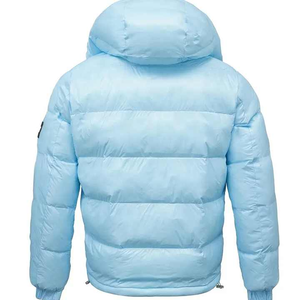 Blouson rembourré brillant à logo personnalisé pour homme bleu bébé blouson d'aviateur décontracté d'hiver à capuche réglable unique personnalisable hiver pour homme - Product Image 5
