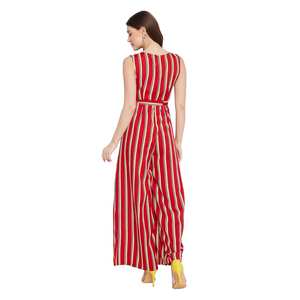 Mono de mujer a rayas de manga con volantes de ajuste regular de color rojo de algodón 100% personalizado con precio directo de fábrica de Bangladesh - Product Image 2