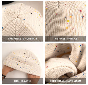 En stock chapeau d'hiver chaud unisexe de haute qualité à revers tricoté en détresse bonnet cassé avec point de couleur - Product Image 3