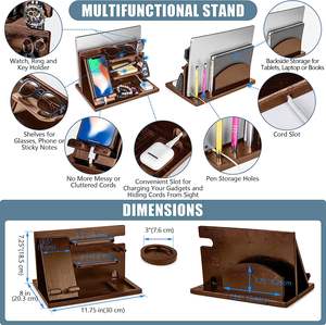Station d'accueil en bois avec compartiment pour ordinateur portable et sous-verre plateau en bois de frêne caddie de chevet organisateur de table de chevet, organisateur d'entrée - Product Image 3