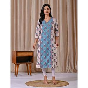 Grey Blue Block Printed Cotton Straight Fit Kurti Casual Style with Natural Waistline Breathable Feature - Product Image 3