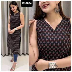 Las últimas mujeres usan Kurtis de algodón sin mangas con estampado digital Kurti para ropa regular y de oficina con Kurtis de talla grande a bajo precio - Product Image 6