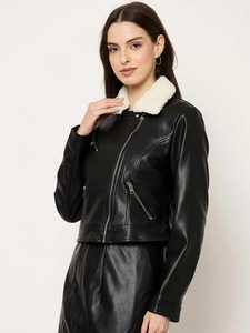 Blouson aviateur en cuir noir pour femme avec col en fourrure de renard, longueur classique, doublure en coton respirant, fermeture éclair, vêtement d'extérieur d'hiver - Product Image 2