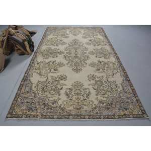 Alfombra de lana turca Vintage 5,5X9,7 pies estilo bohemio área rectangular grande Beige verde Patchwork 10mm de espesor látex para habitación cabecera - Product Image 1