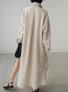 Elegante Vestido camisero Maxi Beige para mujer, mangas largas enrollables, Cuello de camisa, cuello en V, ajuste holgado y relajado, dobladillo recto, ropa informal - Product Image 5