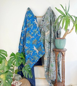 Kantha Stitch Pure Cotton Reversible <b>Bed</b>/Sofa <b>Throw</b> Handmade Floral Dohar Royal Blue Safari Tropical Exotic Forest Winter Hotels - Product Image 1