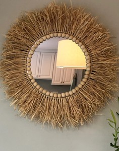 Handmade Round Shape Raffia Mirror With Unfinished Wood Bead, Gift, <b>Boho</b> Decor , <b>Wall</b> Art, <b>Wall</b> <b>Hanging</b> ,Home Decor - Product Image 2