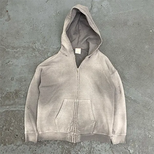 Sweat à capuche Streetwear personnalisé sans ficelle polaire vierge Boxy fermeture éclair Vintage Double couche lavage à l'acide soleil fané sweats à capuche en détresse pour hommes - Product Image 5